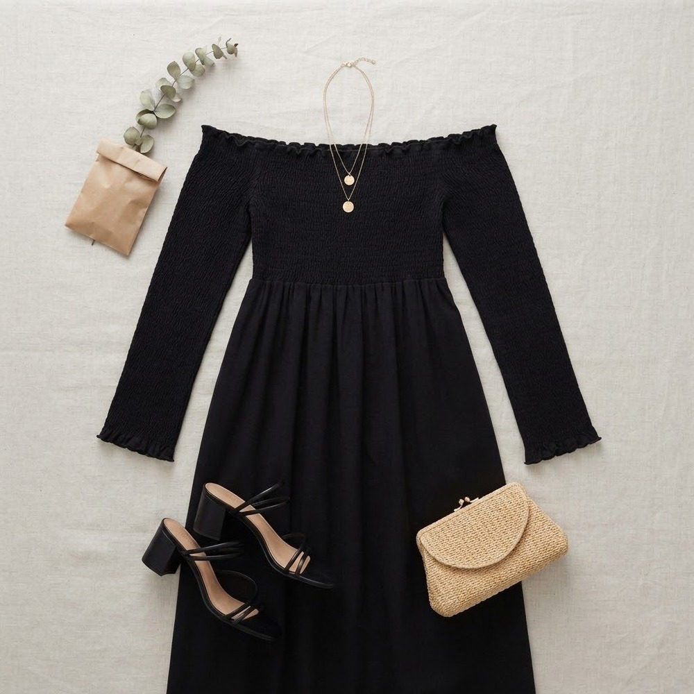 Hill House Nap Dress Women M Black Smocked Off Shoulder Maxi Boho Goth Boho